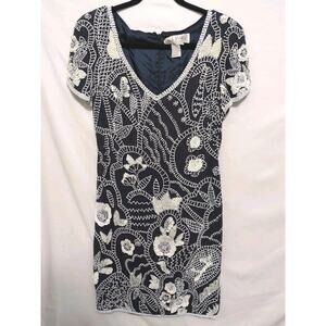 Vtg. A.J. Bari Navy White Sequin Bead Sz 8 Formal Dress *See Description &Photos